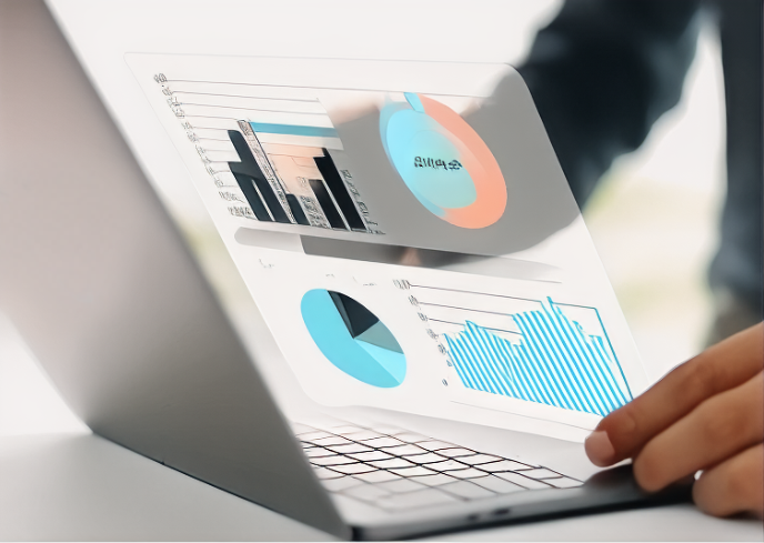 pessoa analisando um dashboard de dados em anglo fechado, mostrando apenas suas mãos e o computador de costas. A tela é projetada para fora em transaparencia mostrando o conteúdo